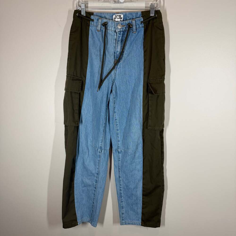 Future Collective Blue Olive Colorblock Denim Cargo Jeans Size 4